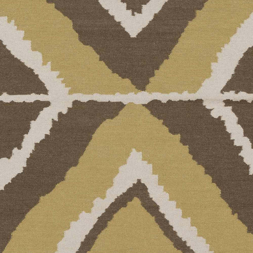 Close-up of the Marysville Carpet. Hand-woven wool rug with light beige, olive, and brown geometric pattern. Swatch