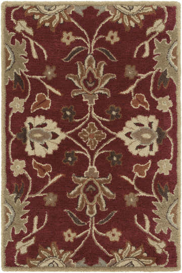 Close-up of the Conesus Red 1061 rug. Hand-tufted wool rug with a traditional floral pattern in red, brown, and tan. Design-Rectangle-23