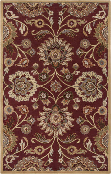 Close-up of the Conesus Red 1061 Rug. Hand-tufted wool rug with a traditional floral design in red, brown, and tan. Design-Rectangle-58