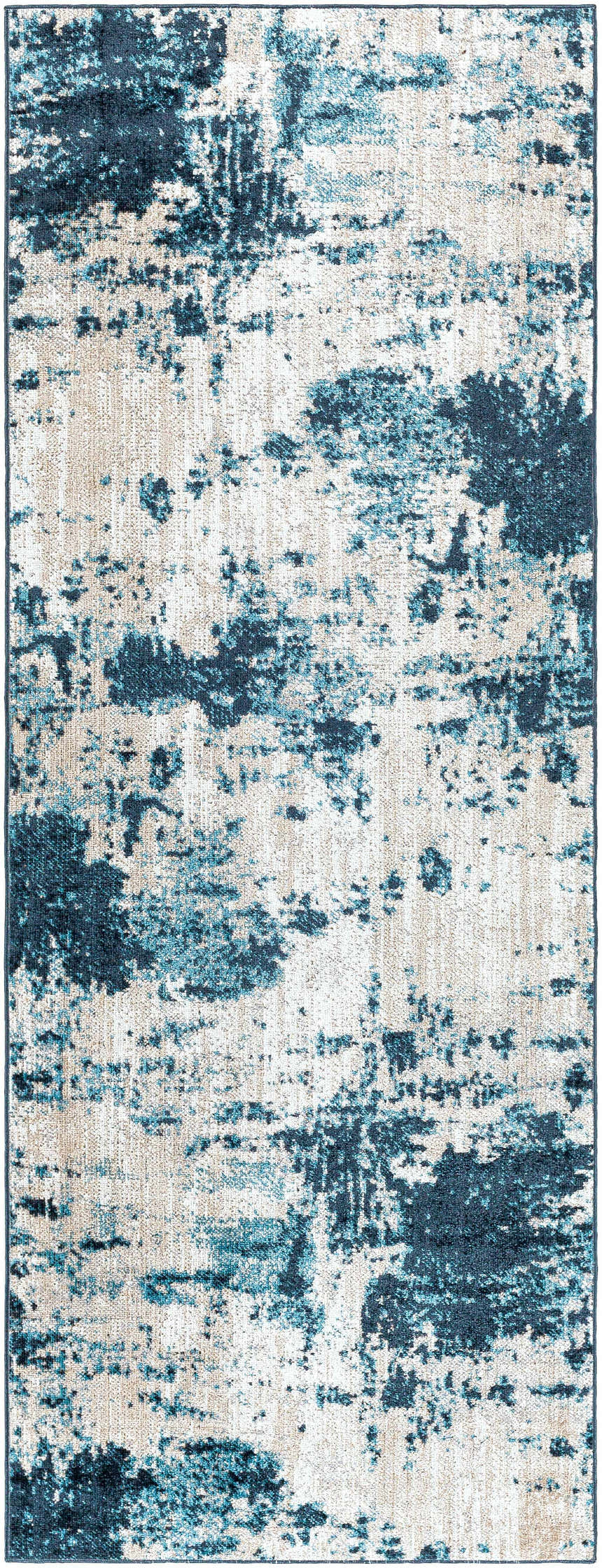 Close-up of the Masiga Washable Area Rug. Features a contemporary abstract pattern in shades of blue and beige. Design-Runner-2773