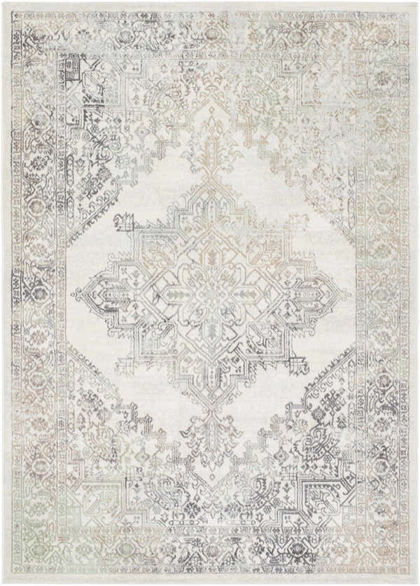 Close-up of the Masud Area Rug. Light gray rug with traditional metallic silver and pale slate medallion pattern. Design-Rectangle-537