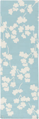 Close-up of the Matador Area Carpet: Aqua wool rug with a light beige floral branch pattern. Hand-woven texture. Design-Runner-268