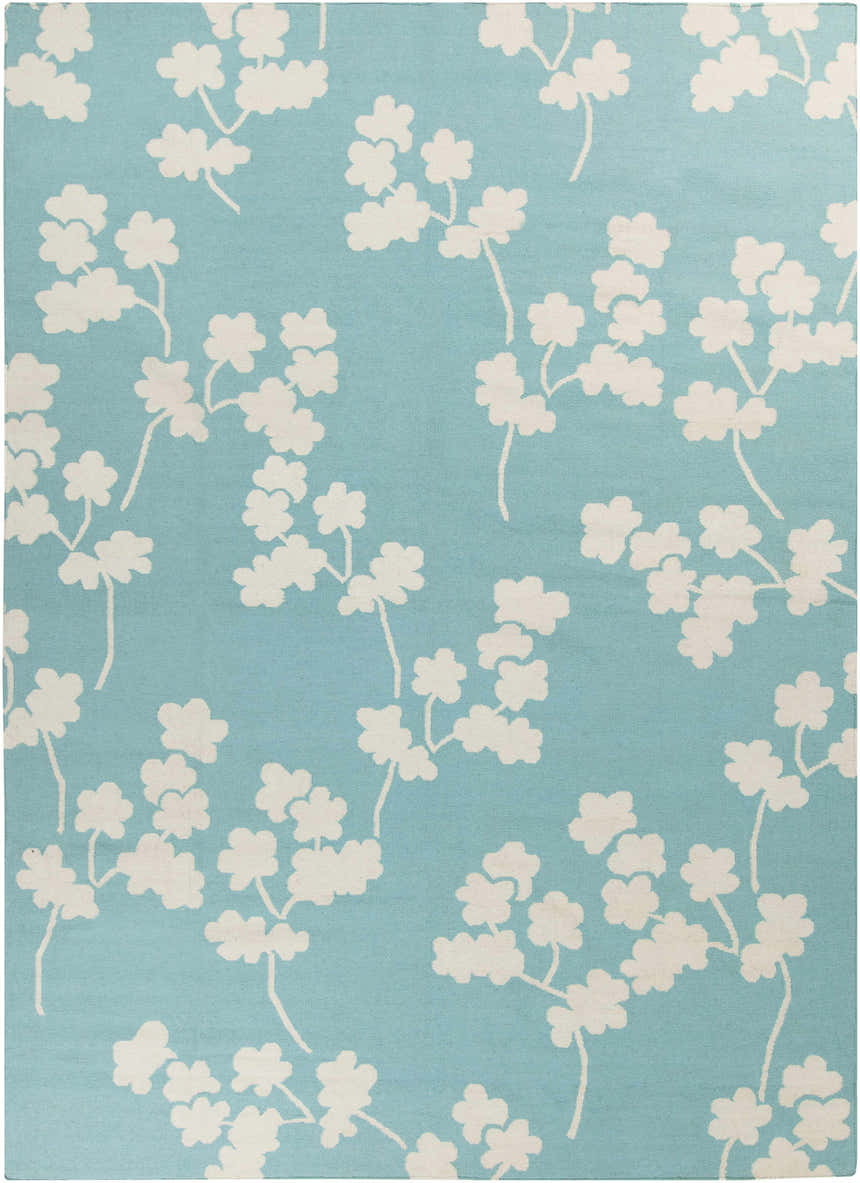 Close-up of the Matador Area Carpet. Aqua background with a light beige floral vine pattern. Hand woven, 100% wool. Design-Rectangle-811