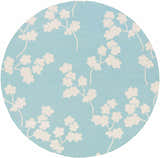 Close-up of round Matador Area Carpet. Aqua background with light beige floral branch pattern. Hand woven wool rug. Design-Round-8