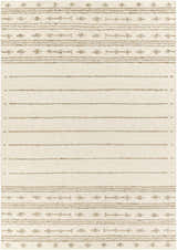 Close-up of the hand woven Matawan Premium Wool Rug with a cream base and taupe stripes and geometric pattern. Design-Rectangle-69