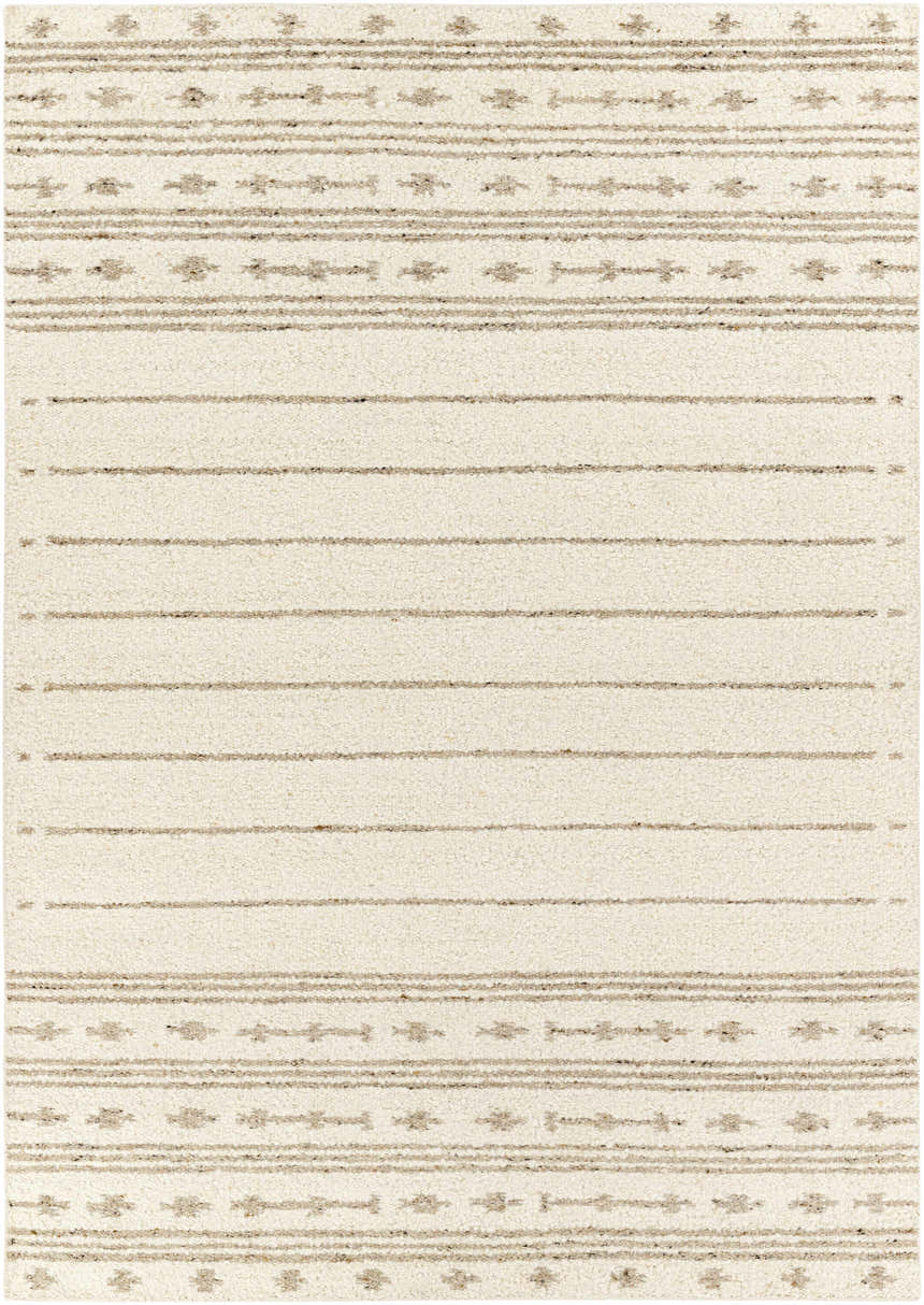 Close-up of the hand woven Matawan Premium Wool Rug with a cream base and taupe stripes and geometric pattern. Design-Rectangle-69
