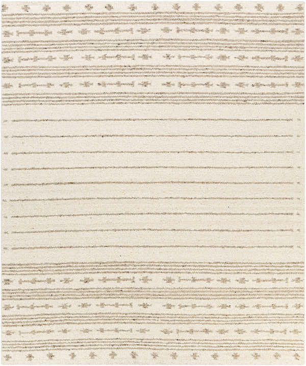 Close-up of the hand woven Matawan Premium Wool Rug in cream and taupe with a contemporary striped pattern. Design-Rectangle-810