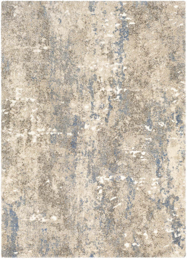 Close-up of the Matewan Thick Luxe Rug; a contemporary design in blue, denim, ivory, and white. Abstract pattern and soft texture. Design-Rectangle-5373