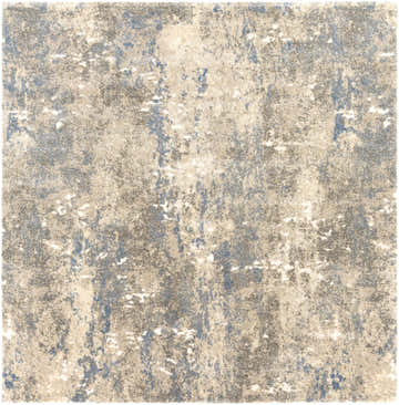 Close-up of the Matewan Thick Luxe Rug; a contemporary design in blue, denim, ivory, gold, and white. Abstract pattern. Design-Square-710