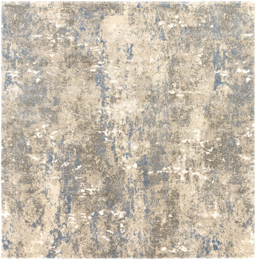 Close-up of the Matewan Thick Luxe Rug; a contemporary design in blue, denim, ivory, gold, and white. Abstract pattern. Design-Square-710