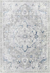 Close-up of the Mateo Area Rug, a traditional design in light gray, silver, and pale slate hues. Design-Rectangle-537