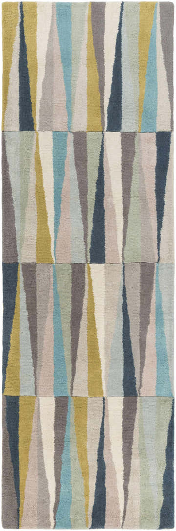 Close-up of Mathiston Geometric Triangles Wool Rug; beige, blue, charcoal, and mustard hues create a modern, abstract pattern. Design-Runner-268