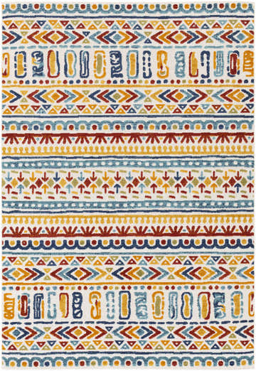 Close-up of the Maxie Area Rug: a flatweave rug with a Southwestern-inspired geometric pattern in aqua, blue, red, and mustard. Design-Rectangle-5373