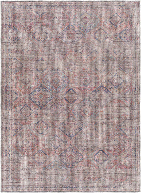 Detailed texture of Mayantoc Washable Area Rug. Vintage style rug with brick red, dark blue, and beige oriental pattern. Design-Rectangle-5373
