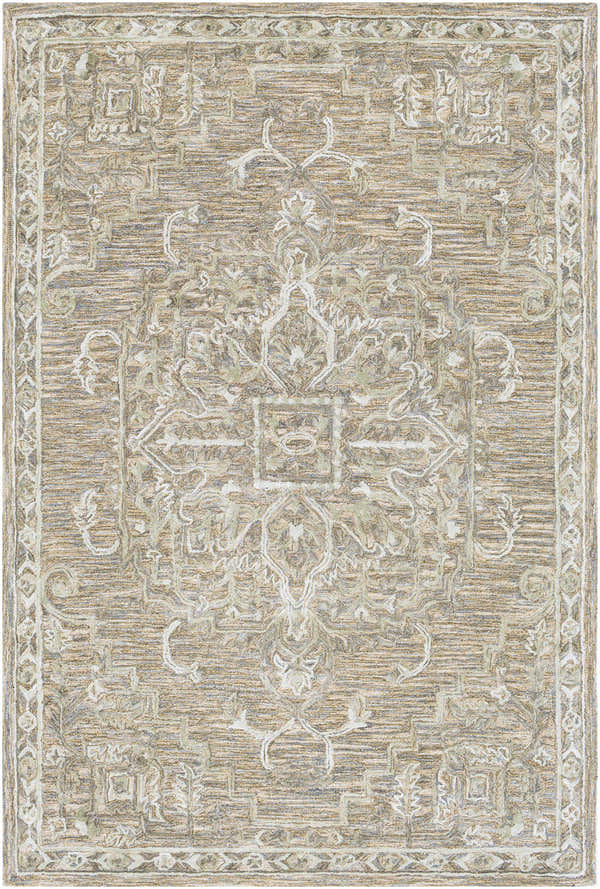 Detailed Maysville Wool & Faux Silk Rug. Bohemian style rug with light sage, medium brown, and sky blue colors. Hand tufted texture. Design-Rectangle-576