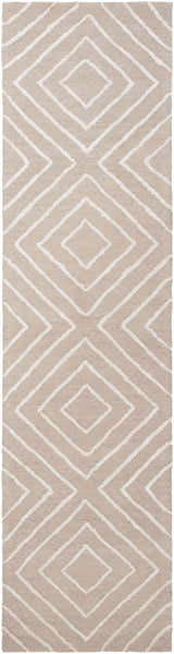 Close-up of the Maytown Area Rug. Beige rug with a light gray geometric diamond pattern. Hand-tufted cotton texture. Design-Runner-2610