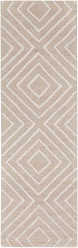 Close-up of the hand-tufted Maytown Area Rug. Beige rug with a contemporary diamond pattern in light gray. Design-Runner-268