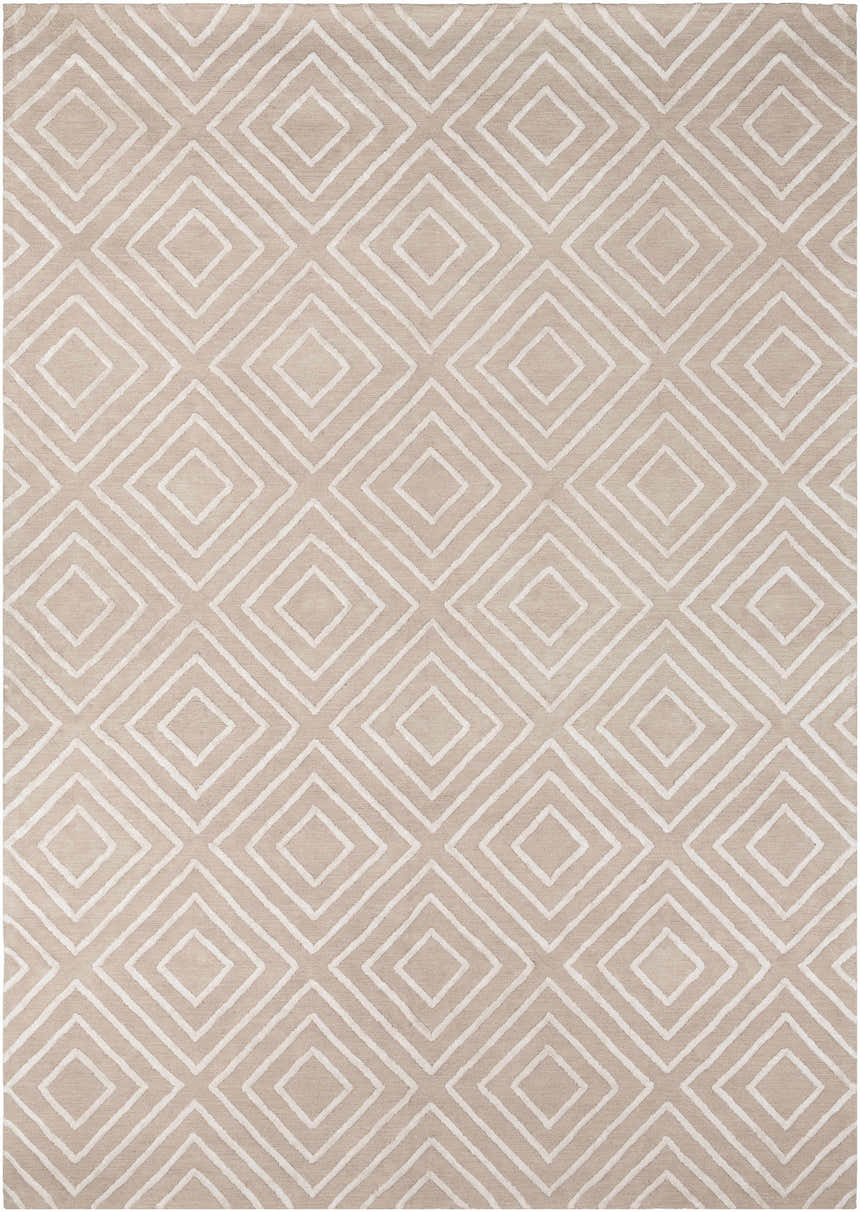 Close-up of the Maytown Area Rug: beige cotton rug with a contemporary light gray diamond pattern. Design-Rectangle-913
