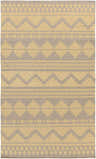 Close-up of Mazon Area Rug. Hand woven wool rug with geometric pattern in medium gray and mustard colors. Design-Rectangle-58