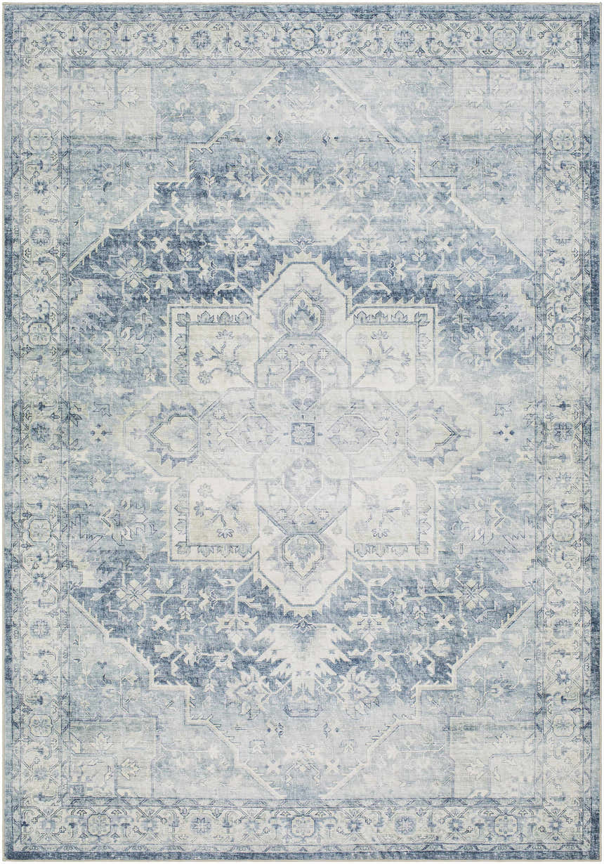 Detailed view of the Mauro Navy Medallion Washable Area Rug, featuring a traditional light gray and slate blue pattern. Design-Rectangle-576