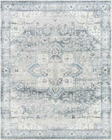 Mauro Blue Medallion Washable Area Rug with a traditional light gray, silver gray, and sterling gray medallion pattern. Design-Rectangle