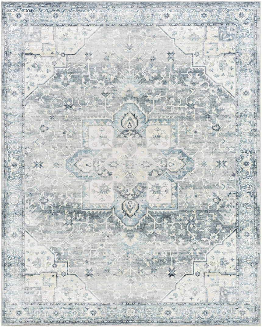 Mauro Blue Medallion Washable Area Rug with a traditional light gray, silver gray, and sterling gray medallion pattern. Design-Rectangle