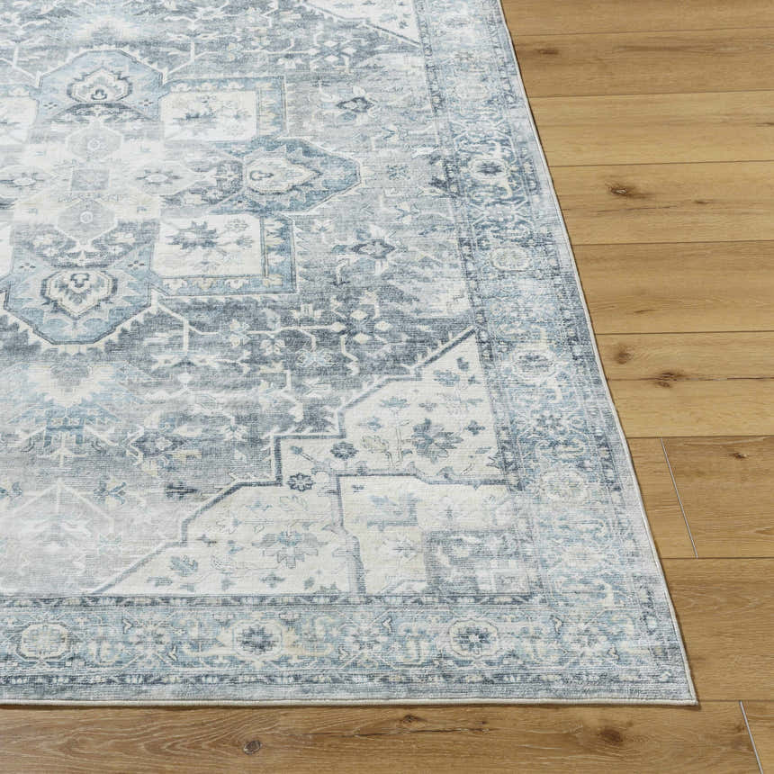 Close-up of the Mauro Blue Medallion Washable Area Rug showing its traditional light gray and blue pattern. Front
