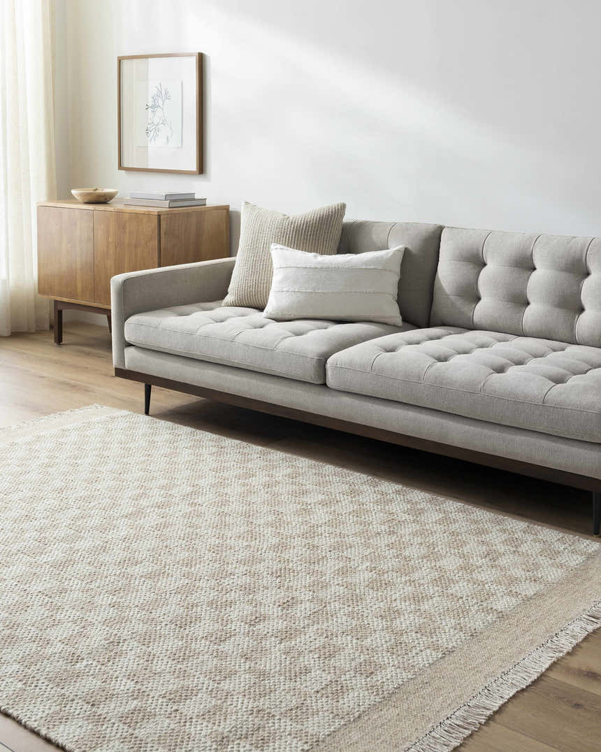 Living room scene with a gray sofa and the Meira Tan Area Rug, a farmhouse style rug. Roomscene-Rectangle