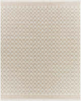 Close-up of the hand woven Meira Tan Area Rug. Ivory and tan checkerboard pattern with fringe. Design-Rectangle-810