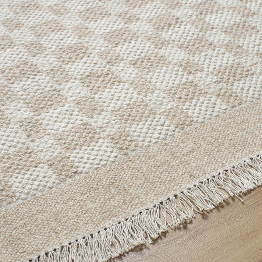 Close-up of the hand-woven Meira Tan Area Rug showing its ivory and tan geometric pattern and fringe detail. Texture