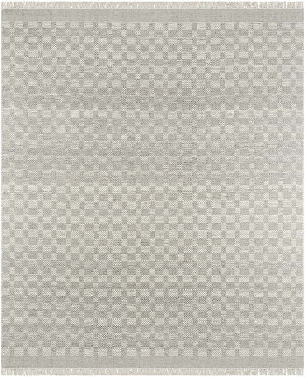 Close-up of the hand woven Meira Wool Rug. Ivory color with a farmhouse style square pattern and fringed edges. Design-Rectangle-810