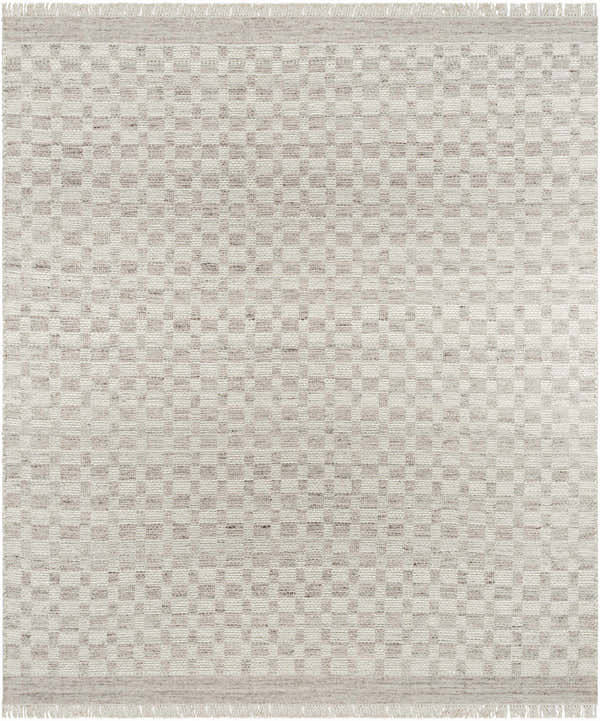 Close-up of the Meira Medium Gray Area Rug, a hand-woven wool rug with a subtle gray and ivory checkered pattern and fringed edges. Design-Rectangle-810