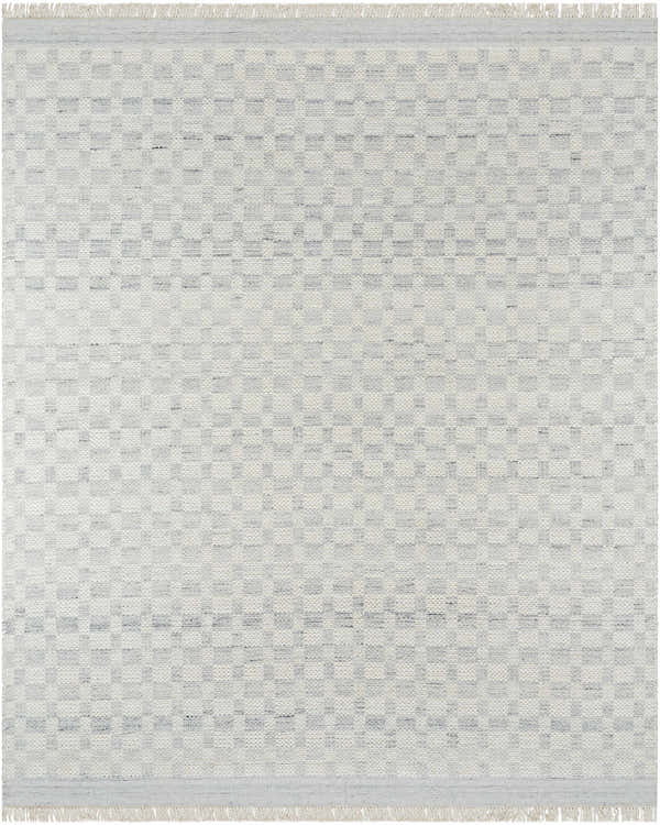 Close-up of the Meira Cream Area Rug. Hand-woven wool rug with a light slate and cream checkered pattern and fringed edges. Design-Rectangle-810