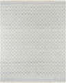 Close-up of the Meira Cream Area Rug. Hand-woven wool rug with a light slate and cream checkered pattern and fringed edges. Design-Rectangle-810