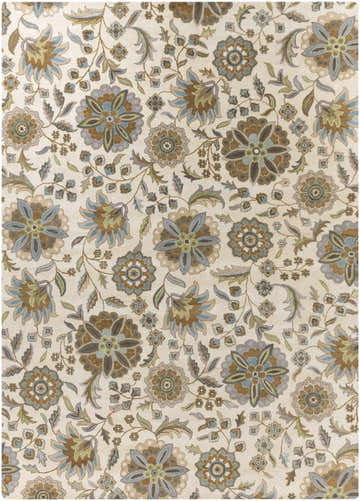 Close-up of Mack Floral Wool Area Carpet. Brown, denim, sage, and blue floral pattern on a tan background. Hand-tufted texture. Design-Rectangle-1014