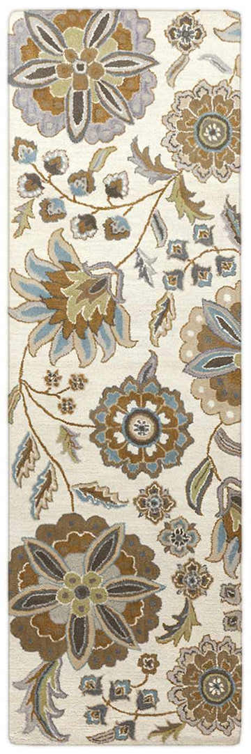 Close-up of the Mack Floral Wool Area Carpet. Features a brown, denim, and sage floral pattern on a light tan background. Design-Runner-268
