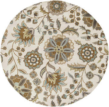 Close-up of the round Mack Floral Wool Area Carpet. Features a brown, blue, and sage floral pattern on a cream background. Design-Round-6