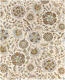 Close-up of the Mack Floral Wool Area Carpet, featuring a brown, blue, and sage green floral pattern on a tan background. Design-Rectangle-7696