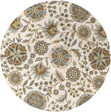Close-up of round Mack Floral Wool Area Carpet. Features a floral pattern in brown, denim, sage, and tan on a light background. Design-Round-8