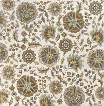 Close-up of the Mack Floral Wool Area Carpet showcasing its brown, denim, and sage floral pattern on a light cream background. Design-Square-8
