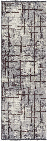 Close-up of the Mace Area Rug. Charcoal, cream, and slate rug with a contemporary grid pattern and soft chenille texture. Design-Runner