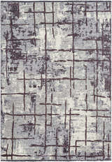 Close-up of the Mace Area Rug. Charcoal, cream, and slate grid pattern on a chenille-polyester rug. Contemporary style. Design-Rectangle-4117