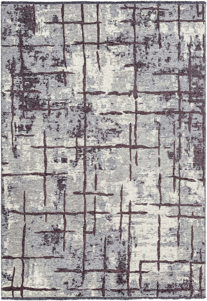 Close-up of the Mace Area Rug. Charcoal, cream, and slate grid pattern on a chenille-polyester rug. Contemporary style. Design-Rectangle-4117