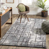 Living room scene with a charcoal and cream Mace Area Rug, wood furniture, chair, and green accents. Roomscene-Rectangle