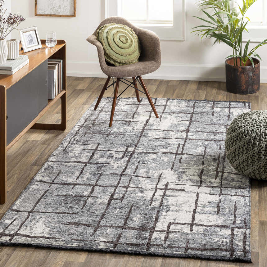 Living room scene with a charcoal and cream Mace Area Rug, wood furniture, chair, and green accents. Roomscene-Rectangle