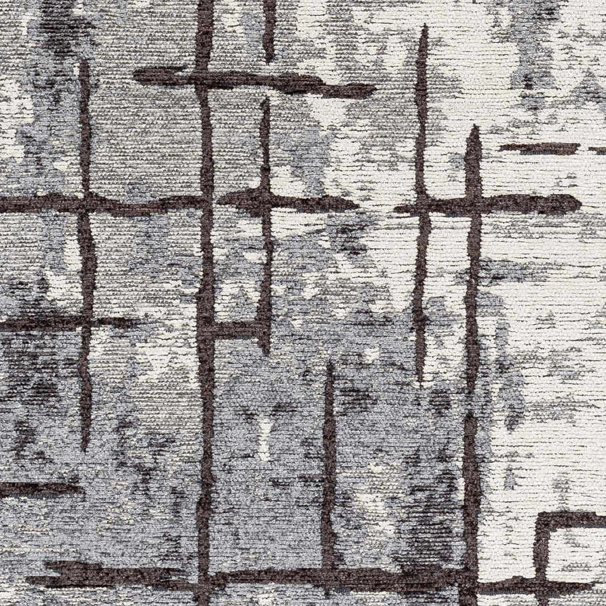 Close-up of the Mace Area Rug - Clearance, featuring a charcoal grid pattern on a textured cream and slate background. Swatch