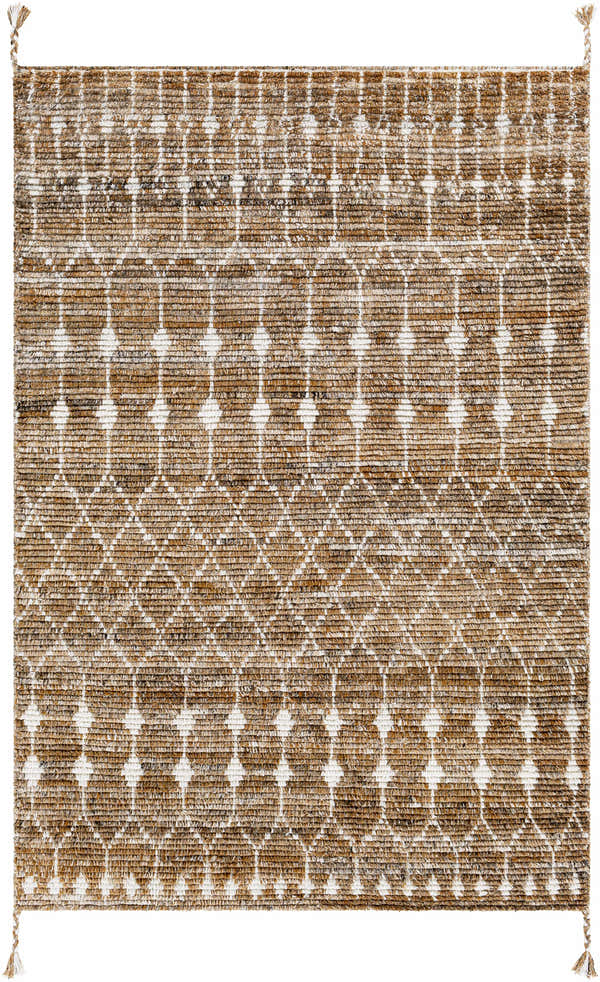 Close-up of the Mccombs Premium Rug. Hand-knotted rug with a brown and cream geometric pattern and tasseled edge. Design-Rectangle-576