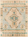 Close-up of the McColl Hand Knotted Wool Blend Rug. Features a traditional design in brown, cream, pale pink, seafoam, and teal. Design-Rectangle-810