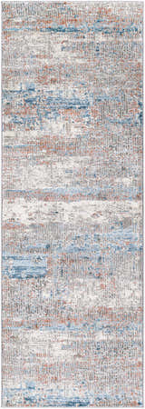 Close-up of the McCracken Area Rug. Abstract design in shades of gray, blue, rust, and white. Design-Runner-2777