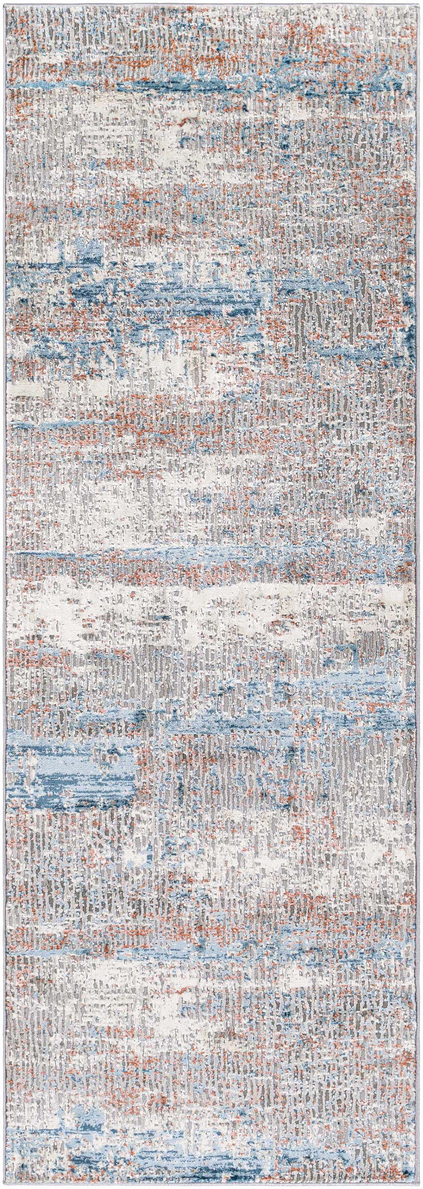 Close-up of the McCracken Area Rug. Abstract design in shades of gray, blue, rust, and white. Design-Runner-2777